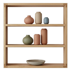 Wooden shelving unit with decorative ceramic items