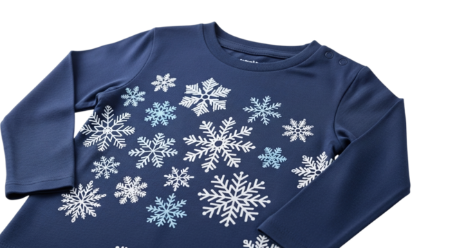Navy blue longsleeve shirt with snowflake pattern isolated on transparent background, perfect for winter fashion and holiday celebrations