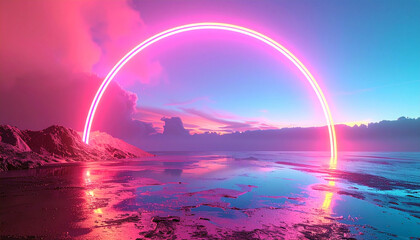A neon pink arc curving over a desolate blue landscape. Ai