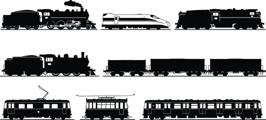 Collection of detailed train vector silhouettes including steam locomotive, bullet train, diesel engine, tram, subway metro, freight wagon and trolley. © Musa's Word