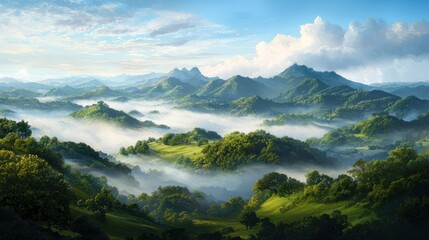 Fototapeta premium Serene morning mist over rolling green hills nature landscape peaceful environment panoramic viewpoint