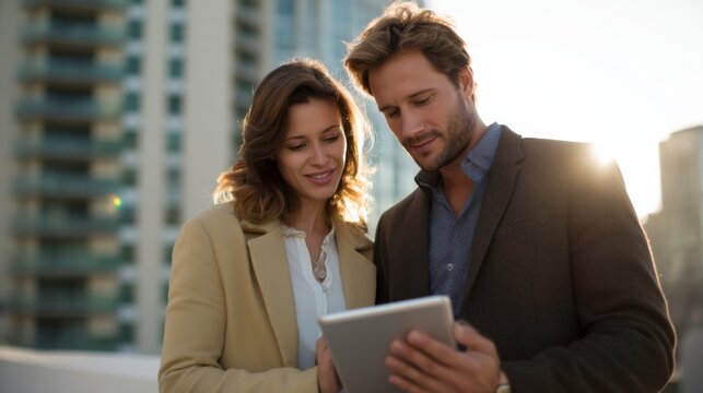 Collaboration event between colleagues in urban office digital interaction professional environment daylight viewpoint