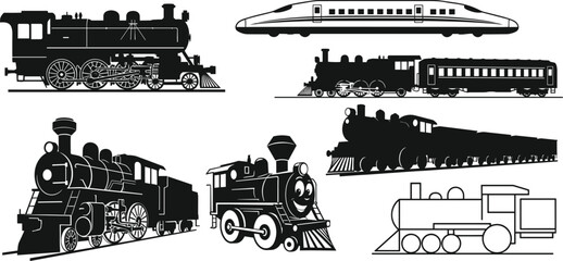 Collection of train vector illustrations including vintage steam locomotives, modern bullet train, cartoon train character, passenger railway, and outline design. © Musa's Word