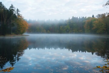 Serene autumn lake landscape reflecting misty forest and sky during overcast weather