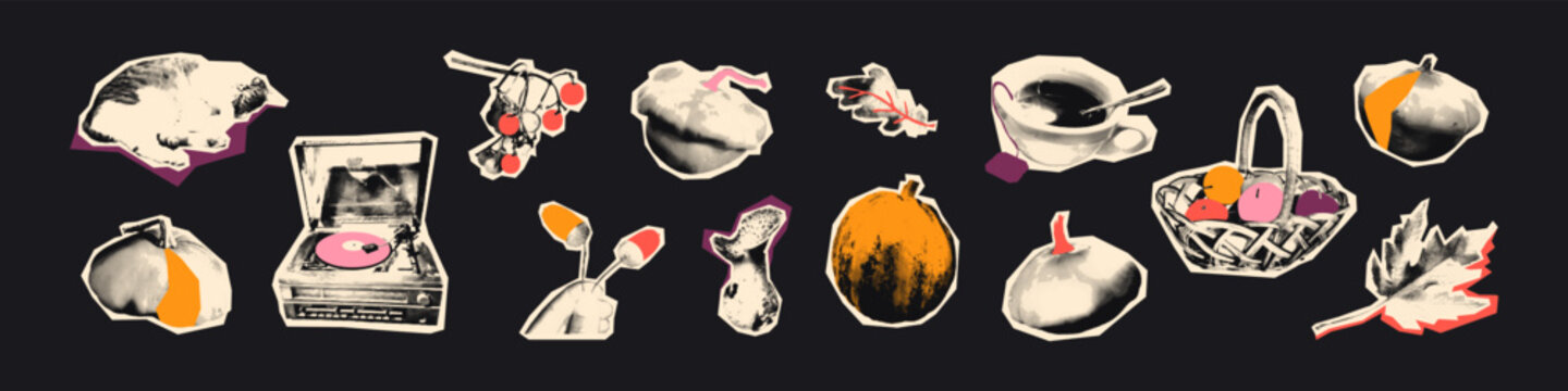 Autumn halftone art collage cut outs set. Various cozy fall paper clipping shapes, stickers with vintage dotted texture and doodles. Modern retro grunge mixed media vector illustration