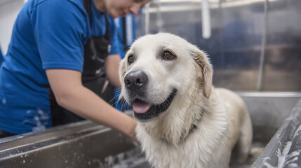 Professional groomer washing dog in grooming salon
