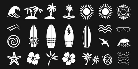 Collection of white tropical beach and surfing icons on a black background