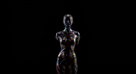 Obraz premium Abstract metallic sculpture of a female torso with internal glowing orange and blue lights against a stark black background