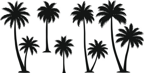 Palm tree silhouettes vector set, tropical island palm illustration pack, exotic black coconut trees for summer, beach, vacation, paradise decoration.