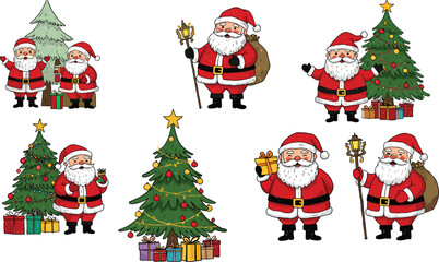 Santa Claus and Christmas tree illustrations, festive Santa with gifts, holiday decorations, Xmas presents, Santa cartoon collection, holiday vector.