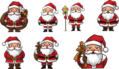 Santa Claus character set, cartoon Santa with gifts, Christmas Santa poses, festive Santa illustrations, holiday Santa bundle vector pack.