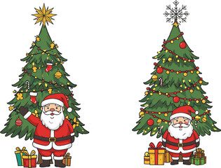 Santa Claus with decorated Christmas trees and gifts, festive Xmas tree vector illustration, holiday celebration clipart pack for Christmas.