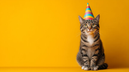 Funny cat celebration concept with party hat on yellow backdrop