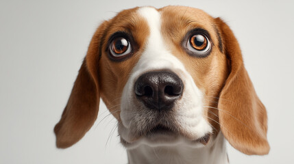 Funny beagle with shocked expression isolated on white backdrop