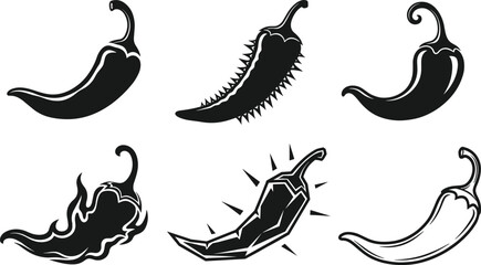 Set of chili pepper vector silhouettes and illustrations including spicy hot designs, fiery styles, abstract peppers, and creative food icons.