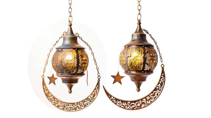 Golden crescent moon and glowing lanterns with sparkling stars on a white background, symbolizing Ramadan, Eid, spiritual light, cultural tradition, festive celebrations, Islamic art, and the beauty o