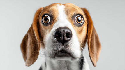 Funny beagle with shocked expression isolated on white backdrop