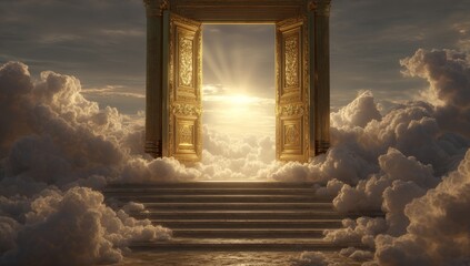 Majestic Golden Doors Opening to Bright Light in Sky Filled with Clouds and Staircase