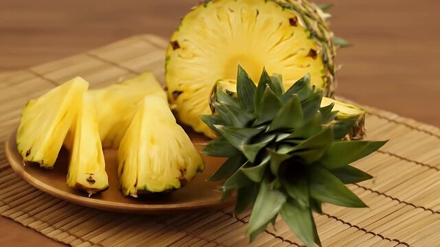 Sliced fresh pineapple displayed on a wooden plate and placed on a bamboo mat, showcasing vibrant yellow fruit and green foliage. The image presents a tropical healthy snack.