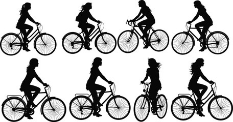 Silhouette vector illustration of girl riding bicycle in different poses, cycling activity, healthy lifestyle, outdoor transportation, fitness exercise concept.