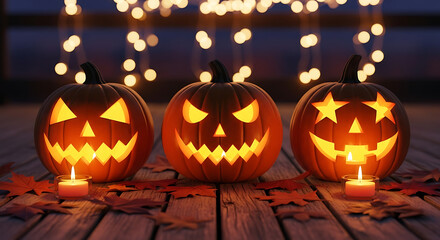 Fototapeta premium Festive Halloween Pumpkins Glowing in the Evening A Trio of Carved Lanterns with Candles and Decorations