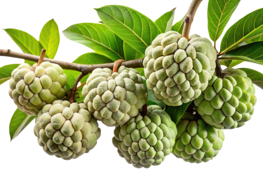 Cluster of ripe custard apples hanging from a branch with green leaves isolated on transparent background - Powered by Adobe