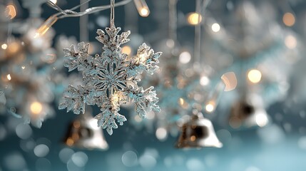 Close-up of a delicate frosted snowflake ornament with translucent icy branches and metallic connection points, smaller snowflakes and golden bells with beautiful bokeh. Dreamy winter ambiance