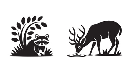 Fototapeta premium Raccoon under a tree and deer drinking water simple flat vector illustration isolated wildlife icon set isolated on white background