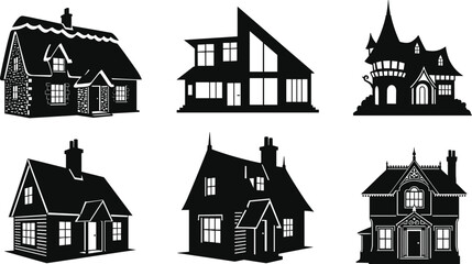 Vector set of detailed house silhouettes, including vintage cottages, modern homes, fairytale houses, ideal for real estate and design.