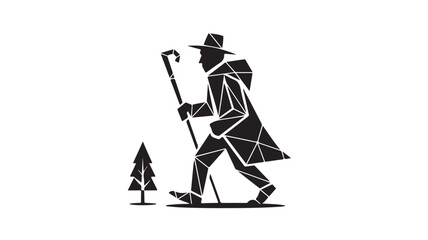 Obraz premium Adventurous traveler with a walking stick explores nature, embracing the journey with a modern geometric style and a silhouette of a lone pine tree