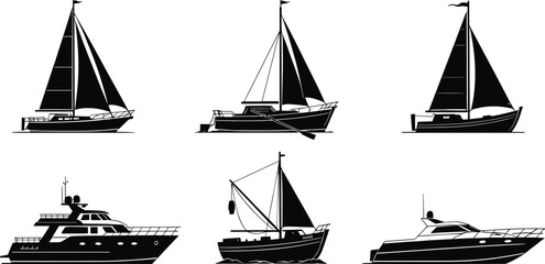 Yacht and sailboat silhouettes, motorboat icons, sailing vessels, luxury marine transport, fishing boats and ships in black and white.