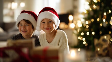 Holiday cheer celebration with children in cozy living room christmas joy indoor setting warm atmosphere family love