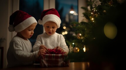 Christmas surprise children unwrapping gifts at home holiday spirit cozy atmosphere heartwarming moment
