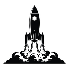 Silhouette of rocket launching with smoke and flames ascending into the sky silhouette