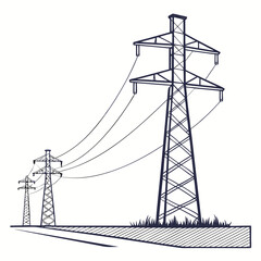 Graphic illustration of three dark blue power line towers with cables against a white background