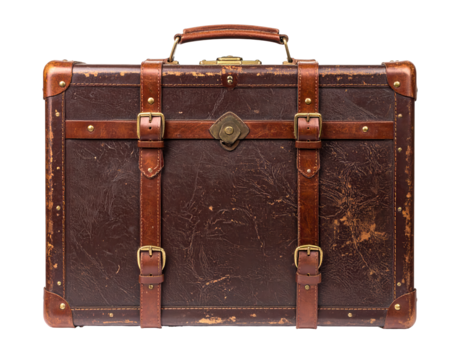 Detailed  shot presents a vintage brown leather suitcase with aged appearance, complete with leather straps and brass buckles, showcasing signs of wear and tear, set against a stark black backdrop...