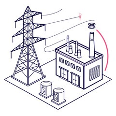 Fototapeta premium Isometric illustration of an industrial power plant connected to a high voltage transmission tower and electrical substations