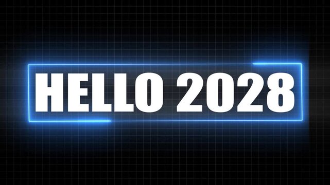 HELO 2028 text inside a glowing blue neon rectangle on a dark grid background hello new year