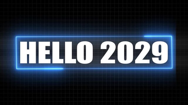HELO 2029 text inside a glowing blue neon rectangle on a dark grid background hello new year