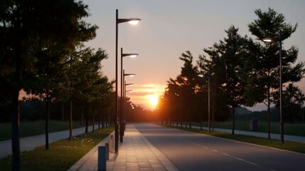Sunset scenic view along tree-lined boulevard urban environment photograph peaceful atmosphere evening glow