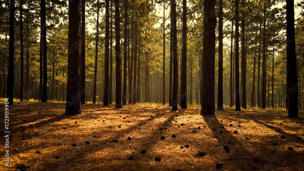 Wall mural sunlight dappling and shifting through the dense pine forest leaves, creating dancing patterns on th