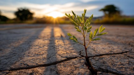 Resilient green shoot breaking through cracked soil at sunset nature scene close-up viewpoint hope and renewal concept