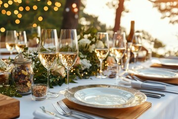 Fototapeta premium Elegant wedding reception table setting outdoor venue photography romantic ambiance close-up view celebration theme