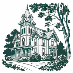 A detailed line drawing illustration of a grand victorian era mansion with a prominent tower and lush surrounding trees and bushes on a white background © Mamun
