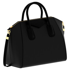3d render black leather handbag gold details with transparent background