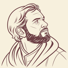 A stylized line art portrait of a bearded man looking upwards with a thoughtful expression against a simple cream background