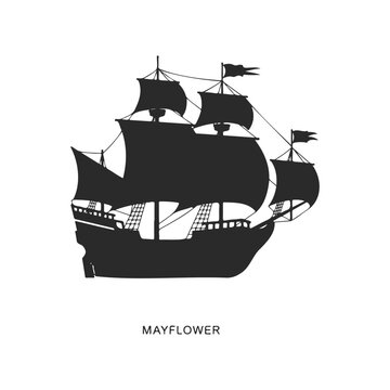 Silhouette of historical mayflower ship with sails on white background