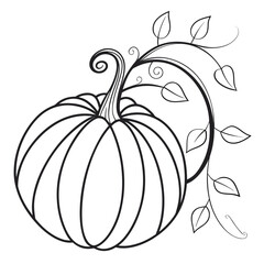 Artistic black and white line drawing of a plump pumpkin with a swirling vine and delicate leaves perfect for fall decorations and seasonal designs