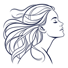 Elegant minimalist line art illustration of a beautiful woman s profile with flowing long hair against a white background symbolizing grace and serenity