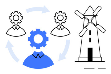 Gear-headed workers connected by arrows symbolizing teamwork, gear mechanism, and sustainable energy illustrated by a windmill. Ideal for teamwork, energy, collaboration, innovation, sustainability